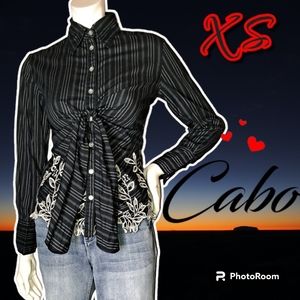 Cabo Unique Button Down Pinstripe Shirt Front Ties w/ Floral Embroidery Size XS